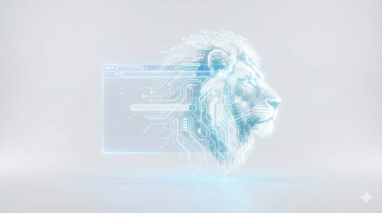 Cyfrowy lew Brave Leo AI chroniący dane użytkownika w przeglądarce.