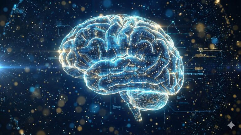 Cyfrowa wizualizacja sztucznej sieci neuronowej w kształcie ludzkiego mózgu – fundament AI.