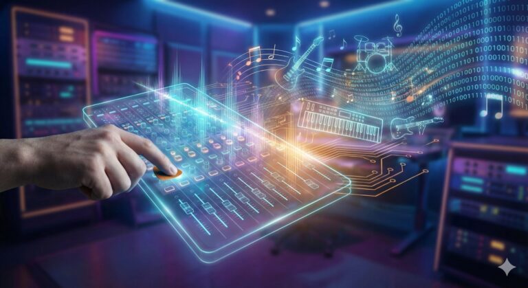 Nowoczesne studio muzyczne z hologramami fal dźwiękowych i neonowym oświetleniem, symbolizujące produkcję muzyki AI.