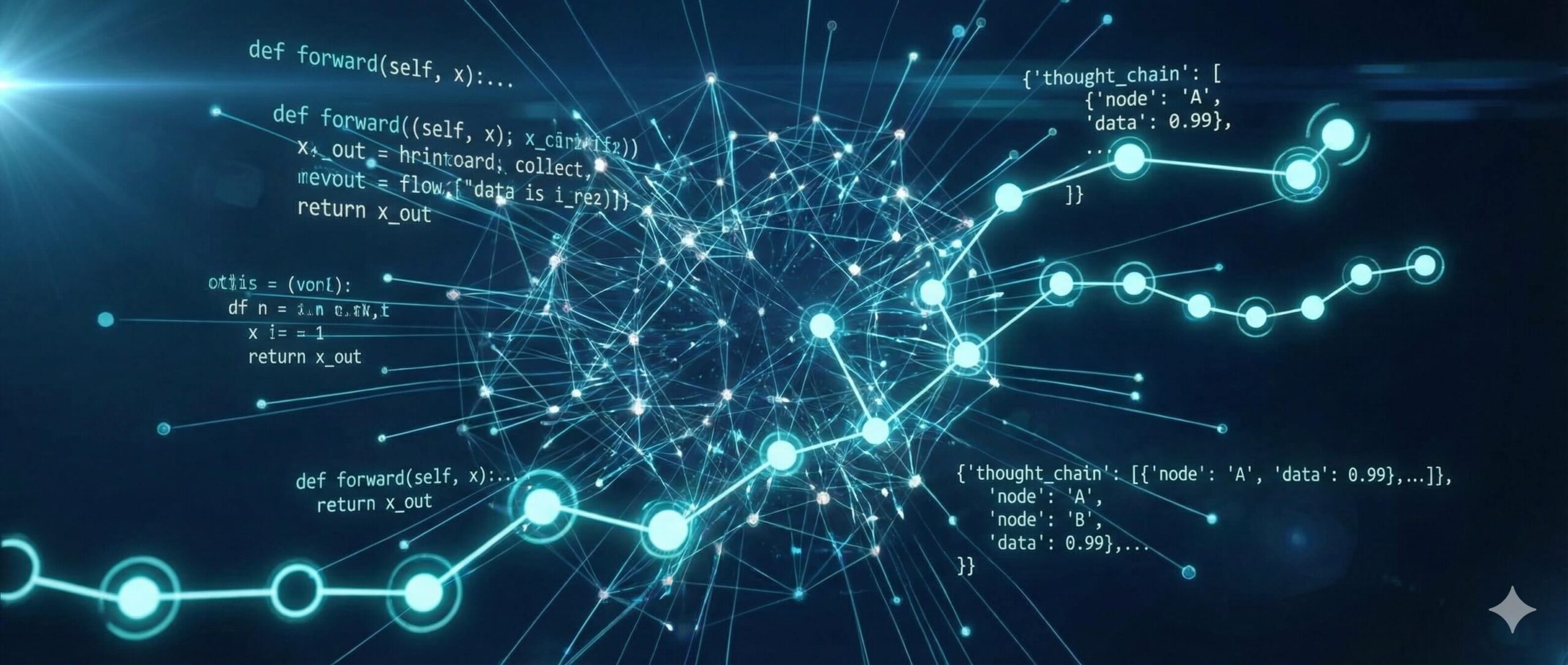 Wizualizacja inżynierii promptów i struktur łańcucha myśli w modelu AI.