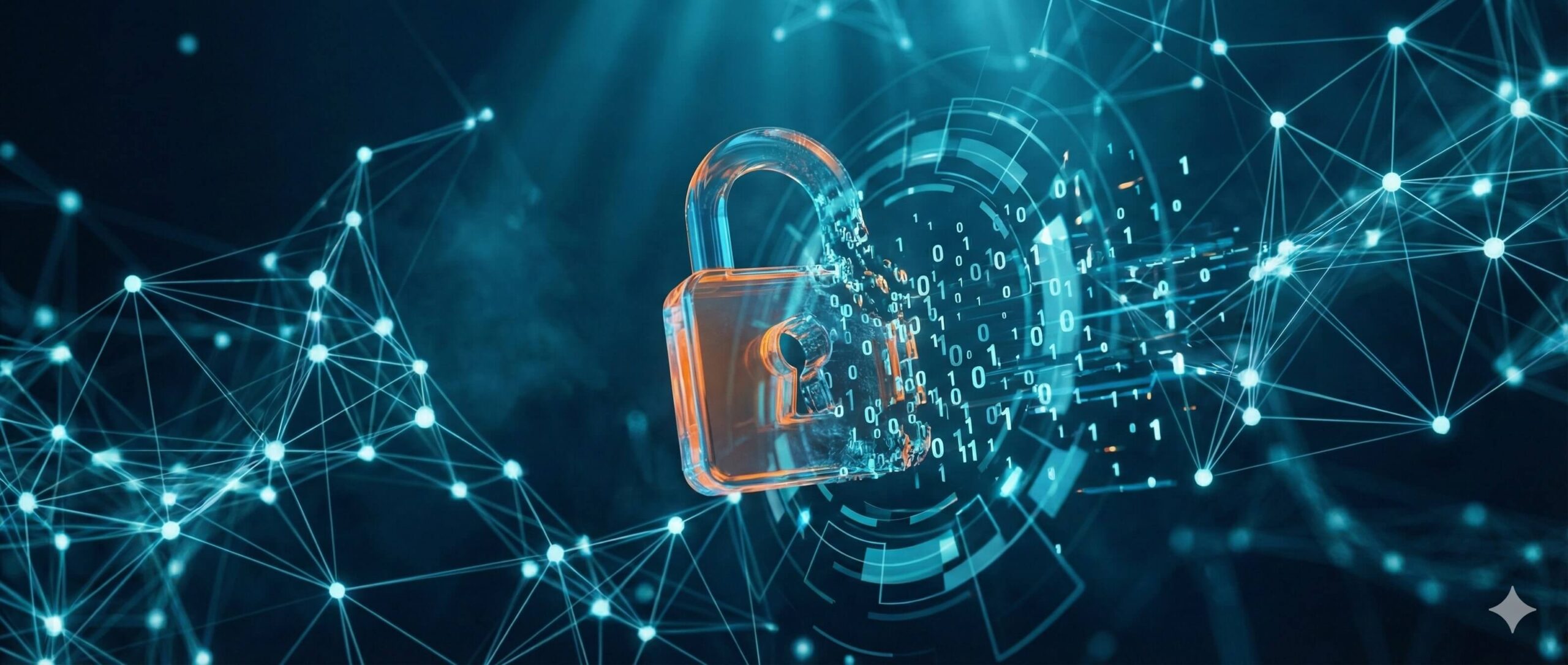 Zaawansowana wizualizacja cyberbezpieczeństwa sieci neuronowej z symbolem otwartej kłódki i cyfrowym kodem.