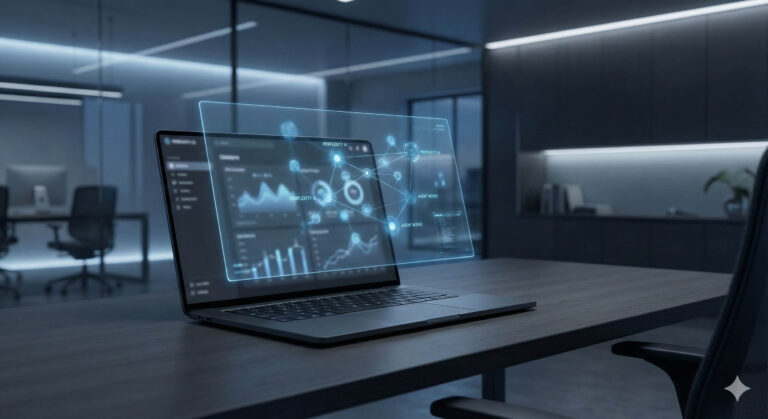 Stanowisko pracy z interfejsem Perplexity AI i funkcjami automatyzacji Comet