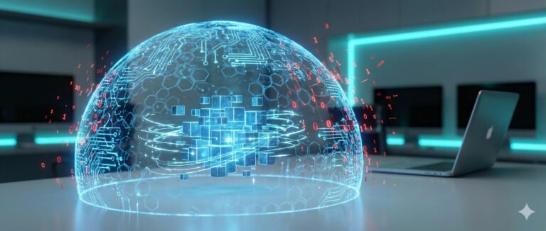 Cyfrowa tarcza chroniąca dane użytkownika, ilustrująca temat Perplexity Comet prywatność i cyberbezpieczeństwo.