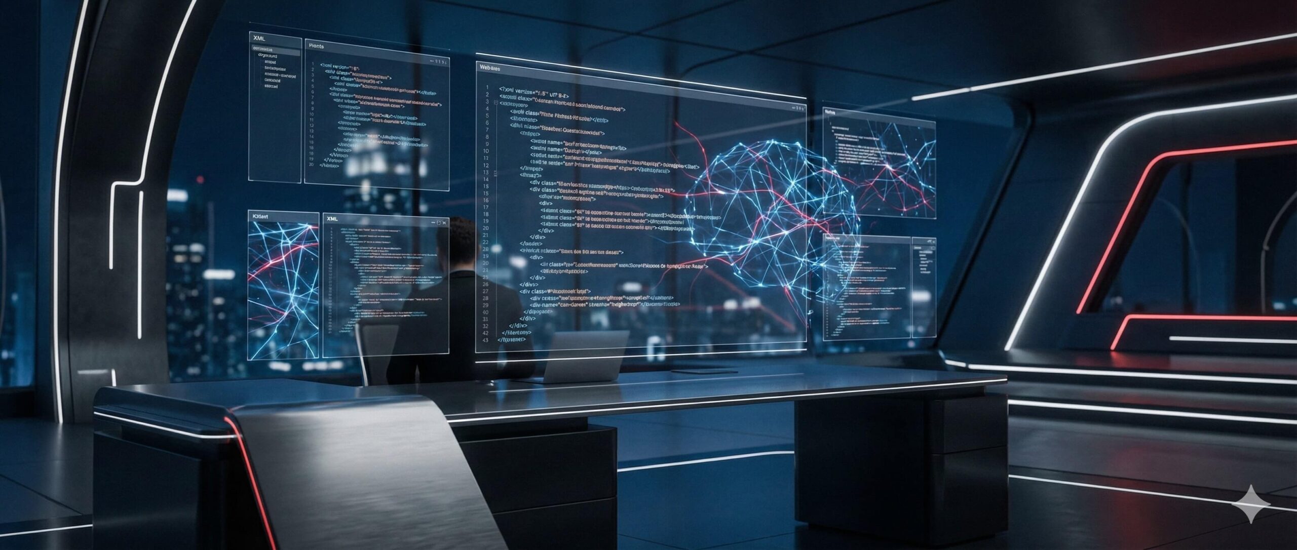 Zaawansowane stanowisko pracy do inżynierii promptów z hologramami i strukturami danych XML.