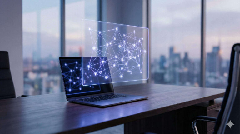 Holograficzny graf wiedzy unoszący się nad biurkiem w nowoczesnym biurze, symbolizujący Answer Engine Optimization.