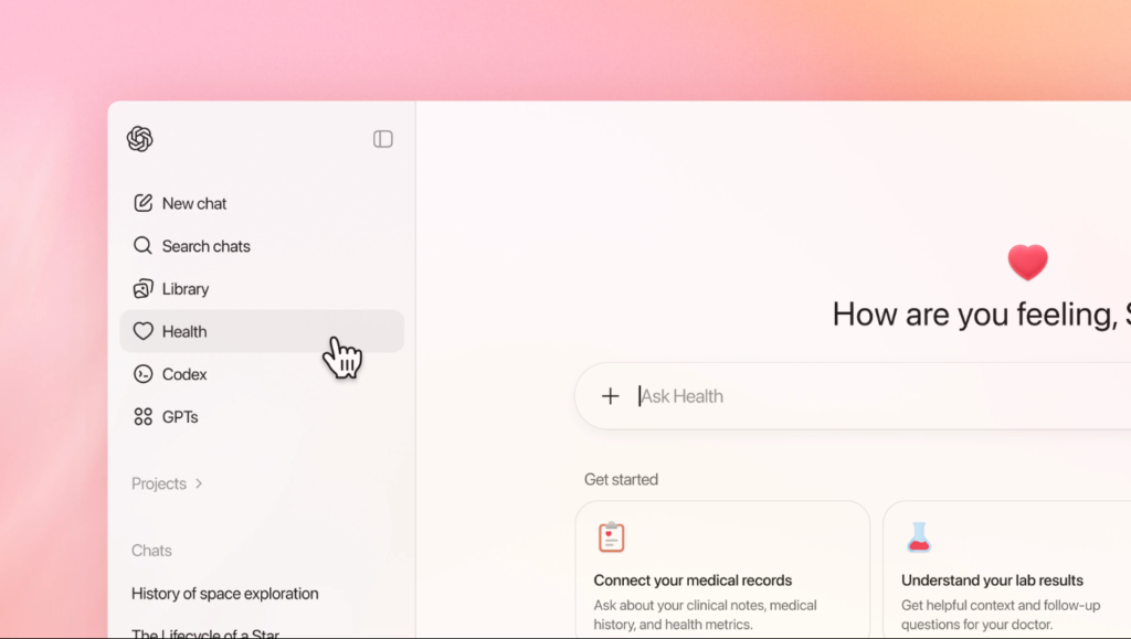 Zrzut ekranu interfejsu ChatGPT Health z aktywną zakładką zdrowia, polem zapytań „Ask Health” oraz kafelkami umożliwiającymi połączenie dokumentacji medycznej i analizę wyników badań laboratoryjnych
