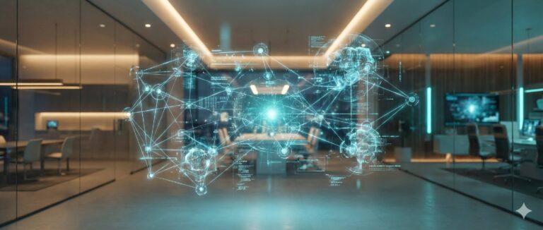 Wizualizacja holograficznej sieci autonomicznych agentów AI w nowoczesnym biurze korporacyjnym w 2026 roku.