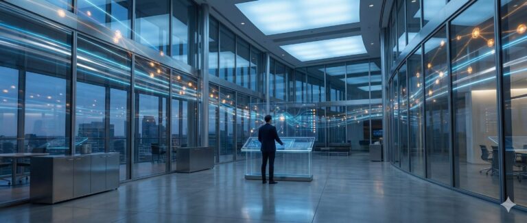 Nowoczesne biuro wykorzystujące agenci AI dla biznesu do zarządzania korporacyjną bazą wiedzy.