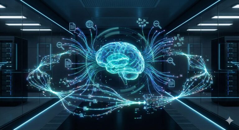 Wizualizacja systemu Agentic RAG przedstawiająca cyfrowe centrum dowodzenia i pętle samokorekty sztucznej inteligencji.