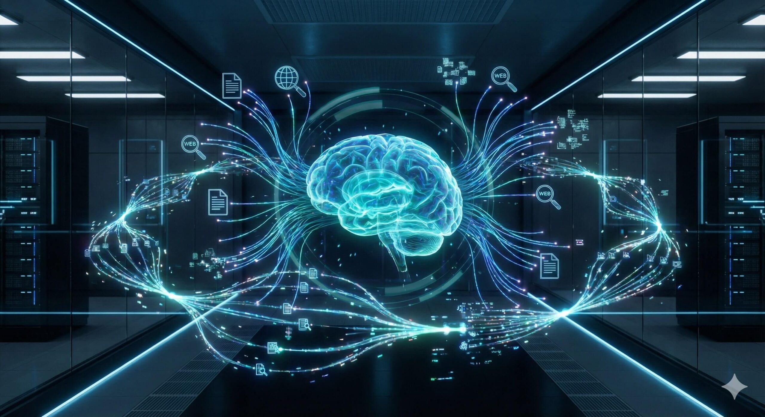 Wizualizacja systemu Agentic RAG przedstawiająca cyfrowe centrum dowodzenia i pętle samokorekty sztucznej inteligencji.