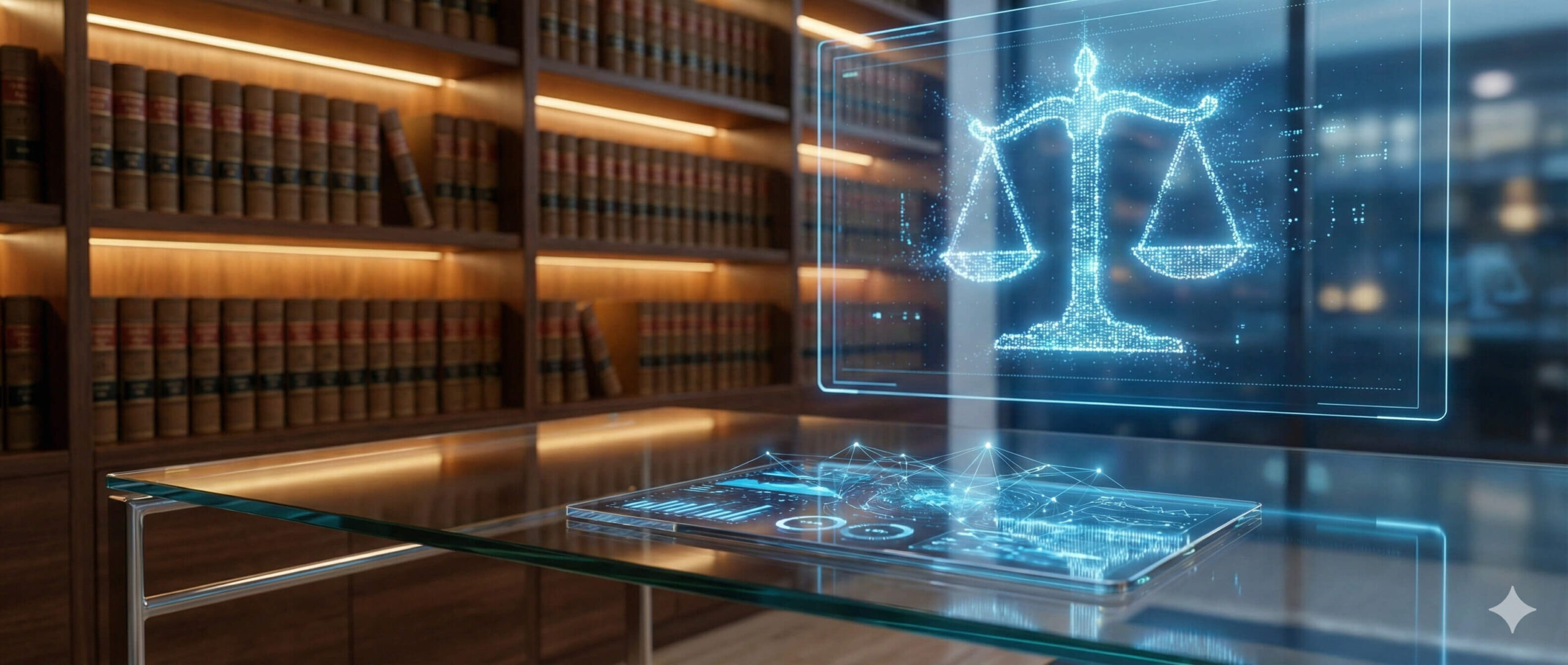 Nowoczesne wnętrze kancelarii prawnej z holograficznymi interfejsami i wizualizacją danych AI na szklanym biurku.