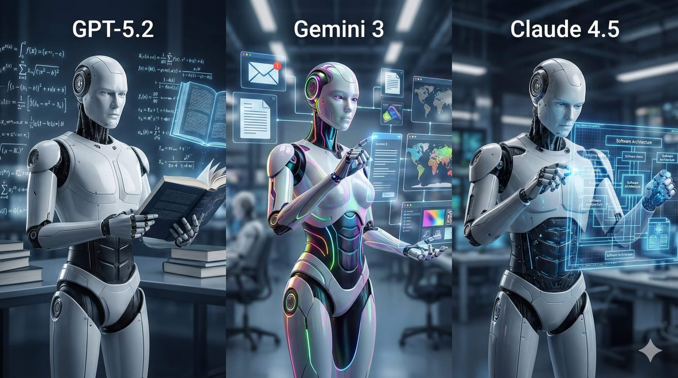 Wizualizacja trzech modeli AI w 2026 roku: GPT-5.2 jako analityk, Gemini 3 jako kreatywny integrator i Claude 4.5 jako programista.