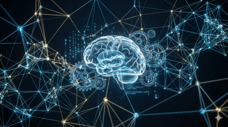 Wizualizacja architektury AutoGPT przedstawiająca sieć połączonych agentów AI i cyfrowy mózg w futurystycznym stylu.
