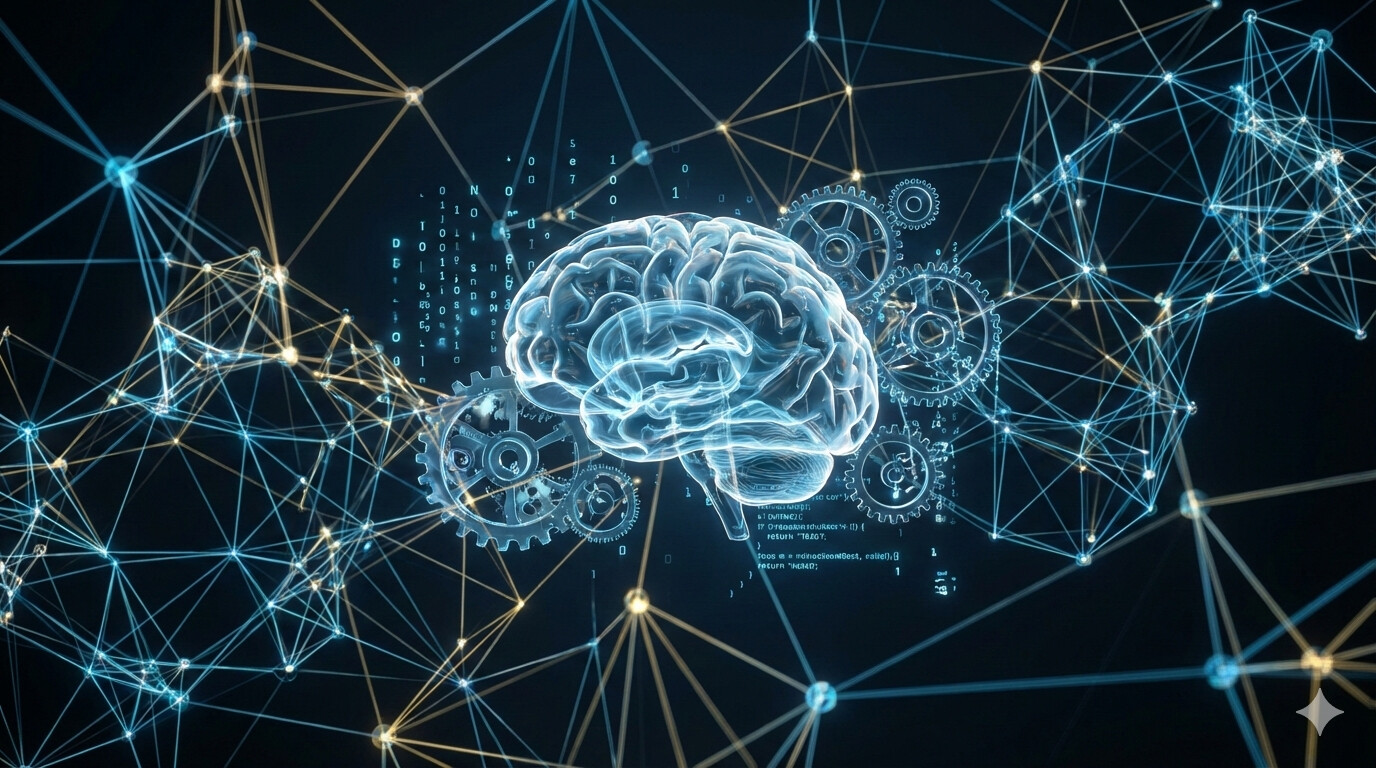 Wizualizacja architektury AutoGPT przedstawiająca sieć połączonych agentów AI i cyfrowy mózg w futurystycznym stylu.