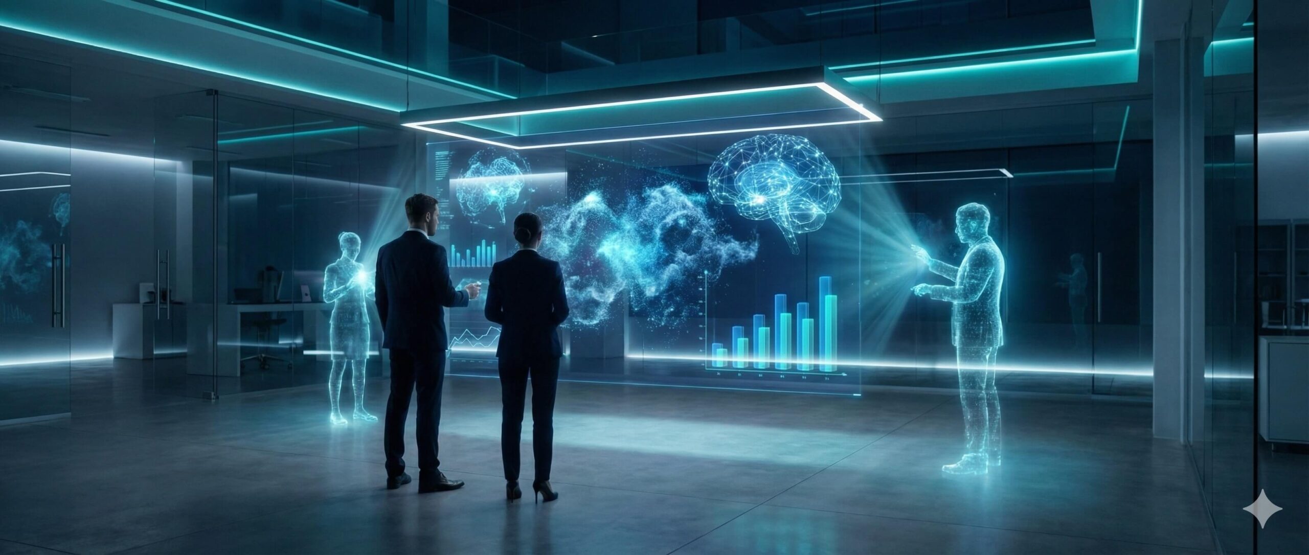 Futurystyczne laboratorium badawcze z hologramami danych i agentami AI analizującymi trendy rynkowe.