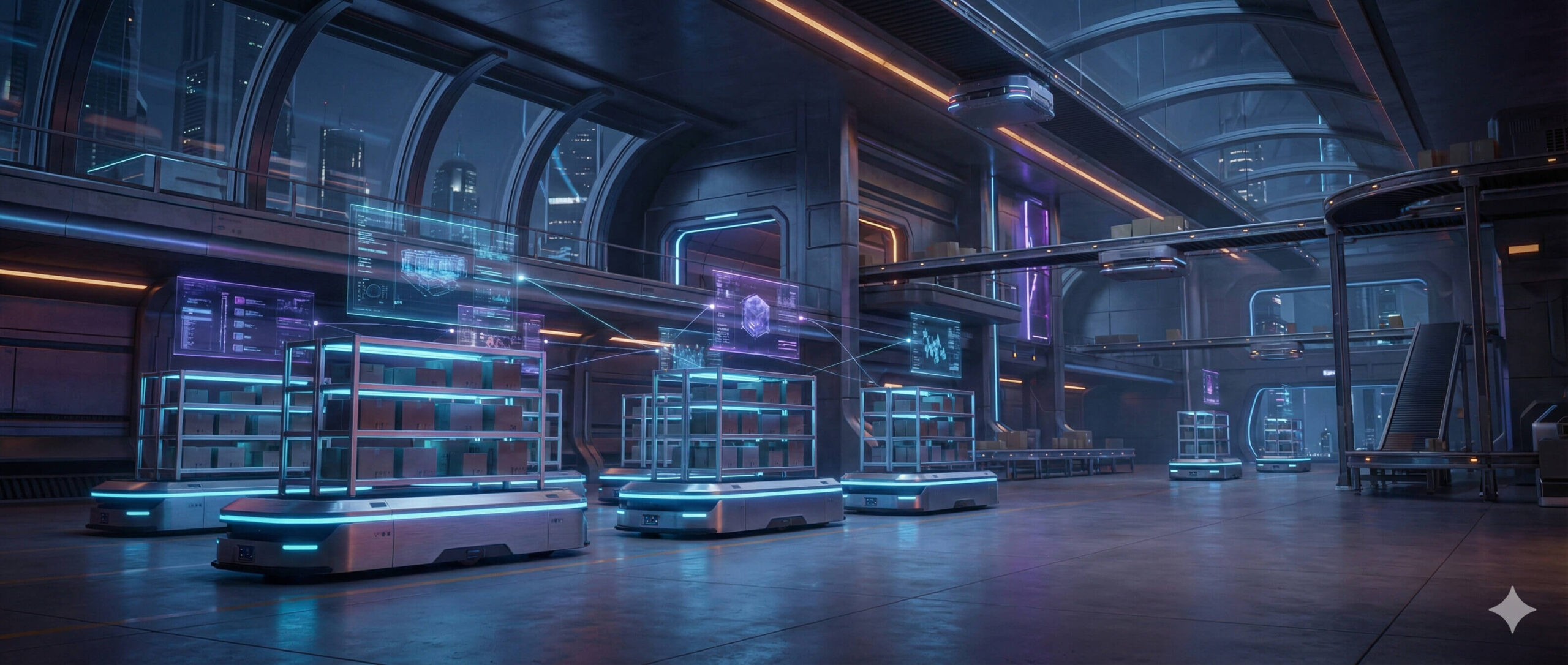 Nowoczesny zautomatyzowany magazyn e-commerce z robotami AMR i holograficznymi danymi.