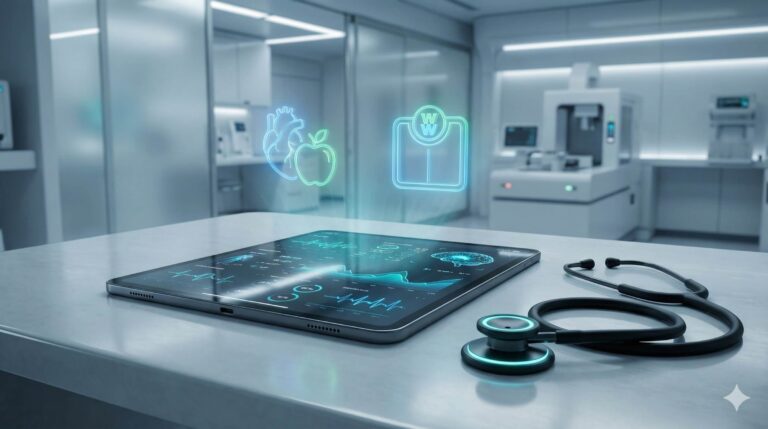 Interfejs ChatGPT Health na tablecie z danymi medycznymi i nowoczesnym stetoskopem.