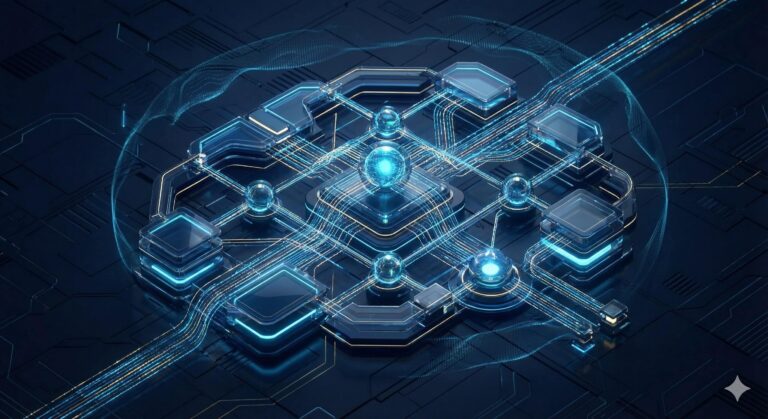 Wizualizacja architektury CrewAI przedstawiająca sieć współpracujących agentów AI w środowisku biznesowym.