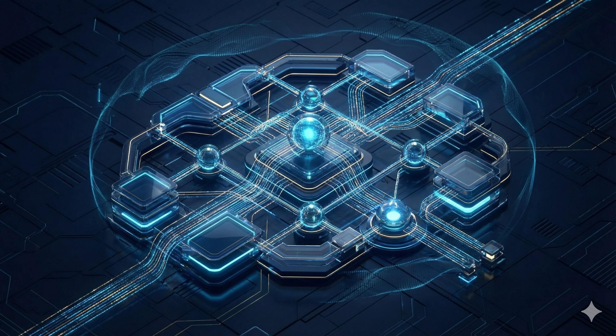 Wizualizacja architektury CrewAI przedstawiająca sieć współpracujących agentów AI w środowisku biznesowym.