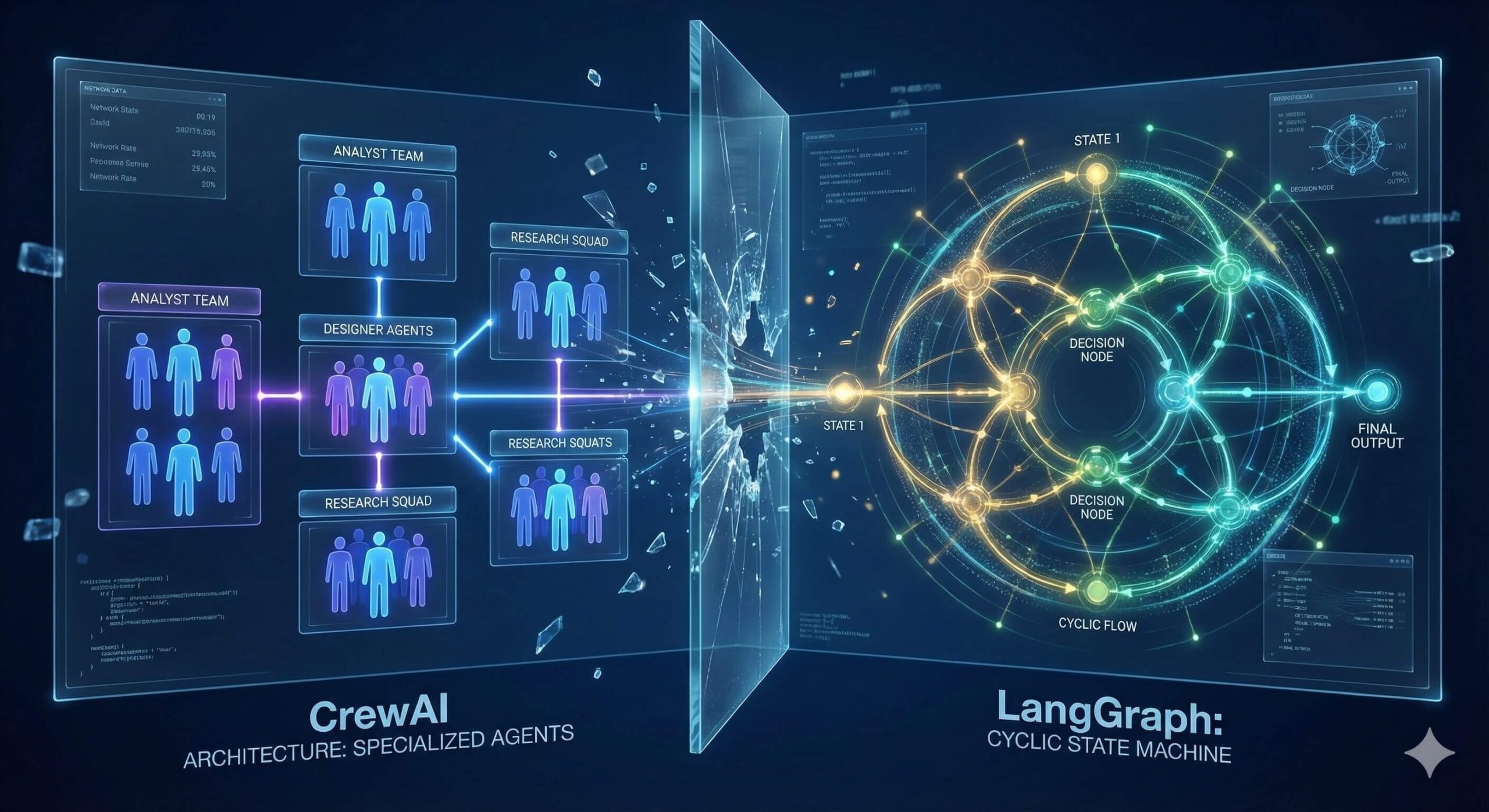 Wizualizacja porównawcza systemów agentowych CrewAI i LangGraph przedstawiająca architekturę zespołową i grafową.