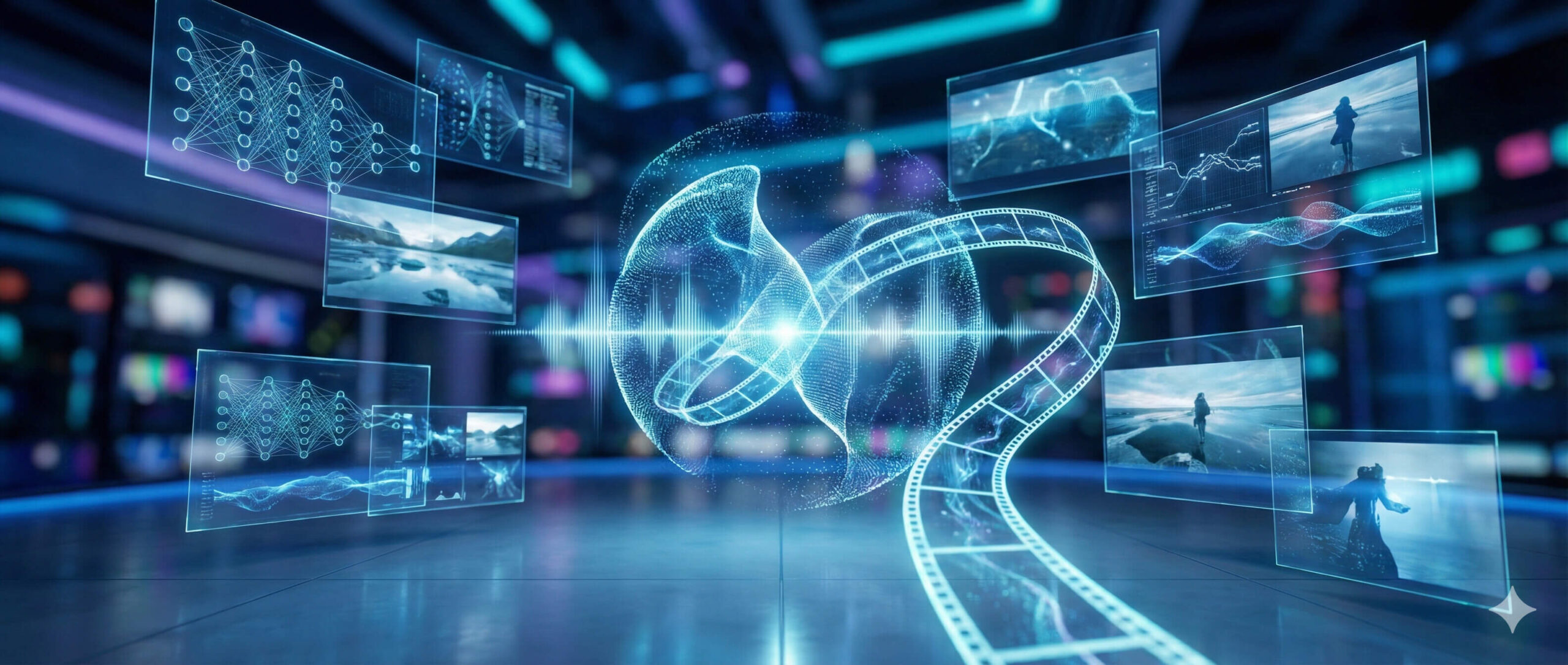 Nowoczesne studio cyfrowe prezentujące proces generowania wideo przez Kling AI z widocznymi falami dźwiękowymi i sieciami neuronowymi.