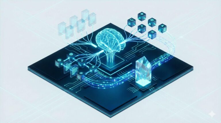 Wizualizacja cyfrowego mózgu AI analizującego dokumenty i dane internetowe w systemie Google NotebookLM Deep Research.