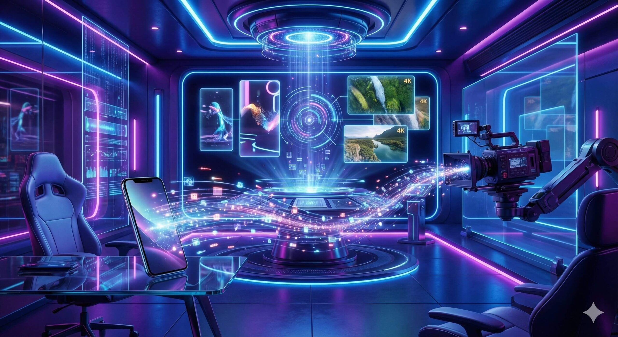 Nowoczesne studio cyfrowe prezentujące interfejs Google Veo 3.1 do generowania wideo AI w formatach pionowych i 4K.