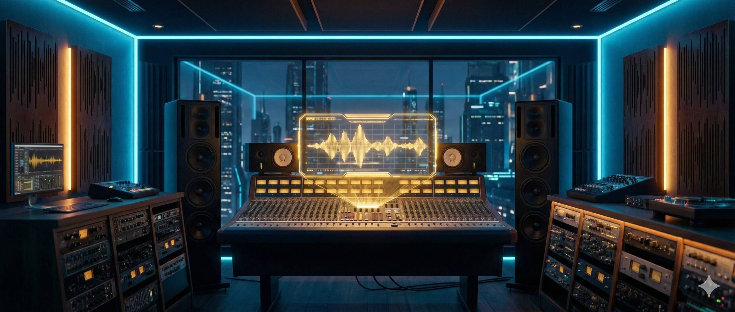 Nowoczesne studio muzyczne z holograficznymi falami dźwiękowymi symbolizujące tworzenie i sprzedaż muzyki z Suno AI.v