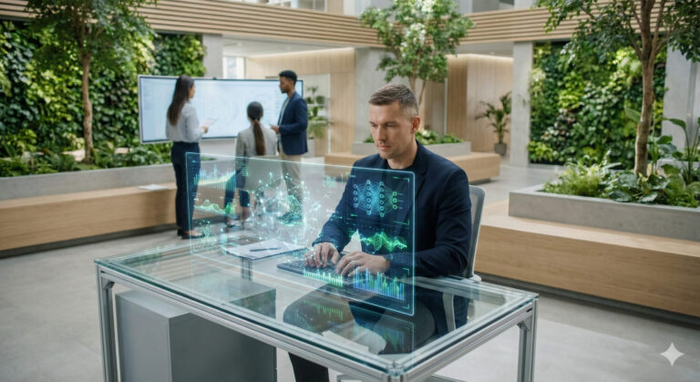 Specjalista w nowoczesnym biurze zarządzający procesami AI w 2026 roku.