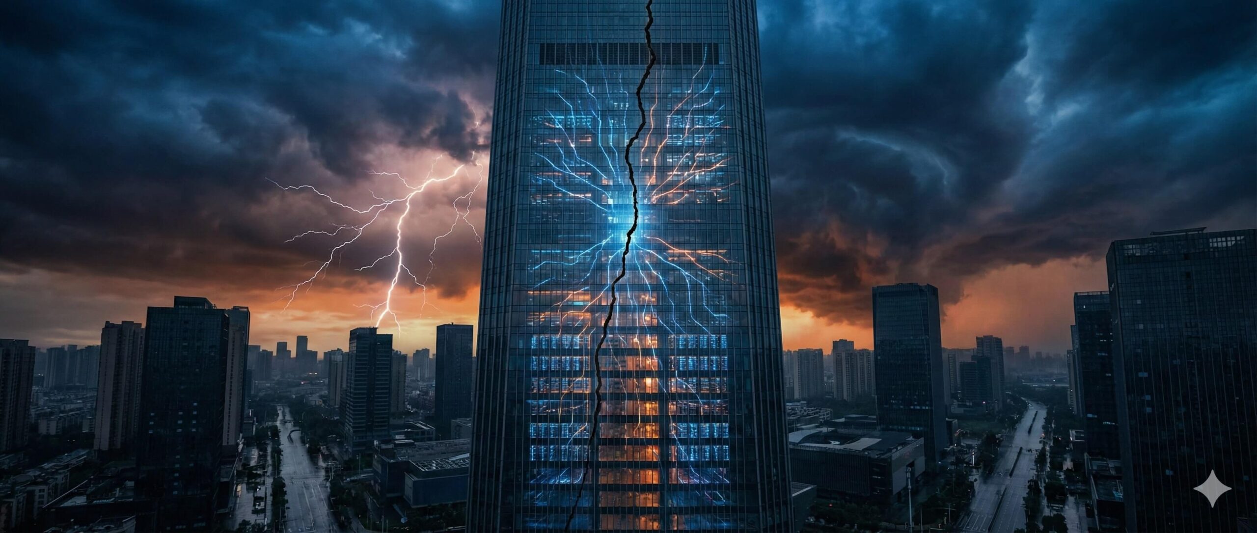 Nowoczesny wieżowiec korporacji technologicznej z pękniętą szklaną fasadą na tle burzowego nieba.
