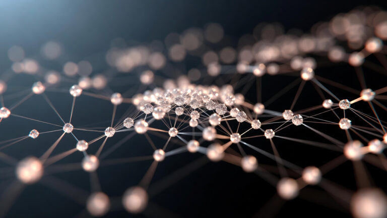 Wizualizacja Małych Modeli Językowych jako połączonych, świecących węzłów danych w nowoczesnej sieci neuronowej.