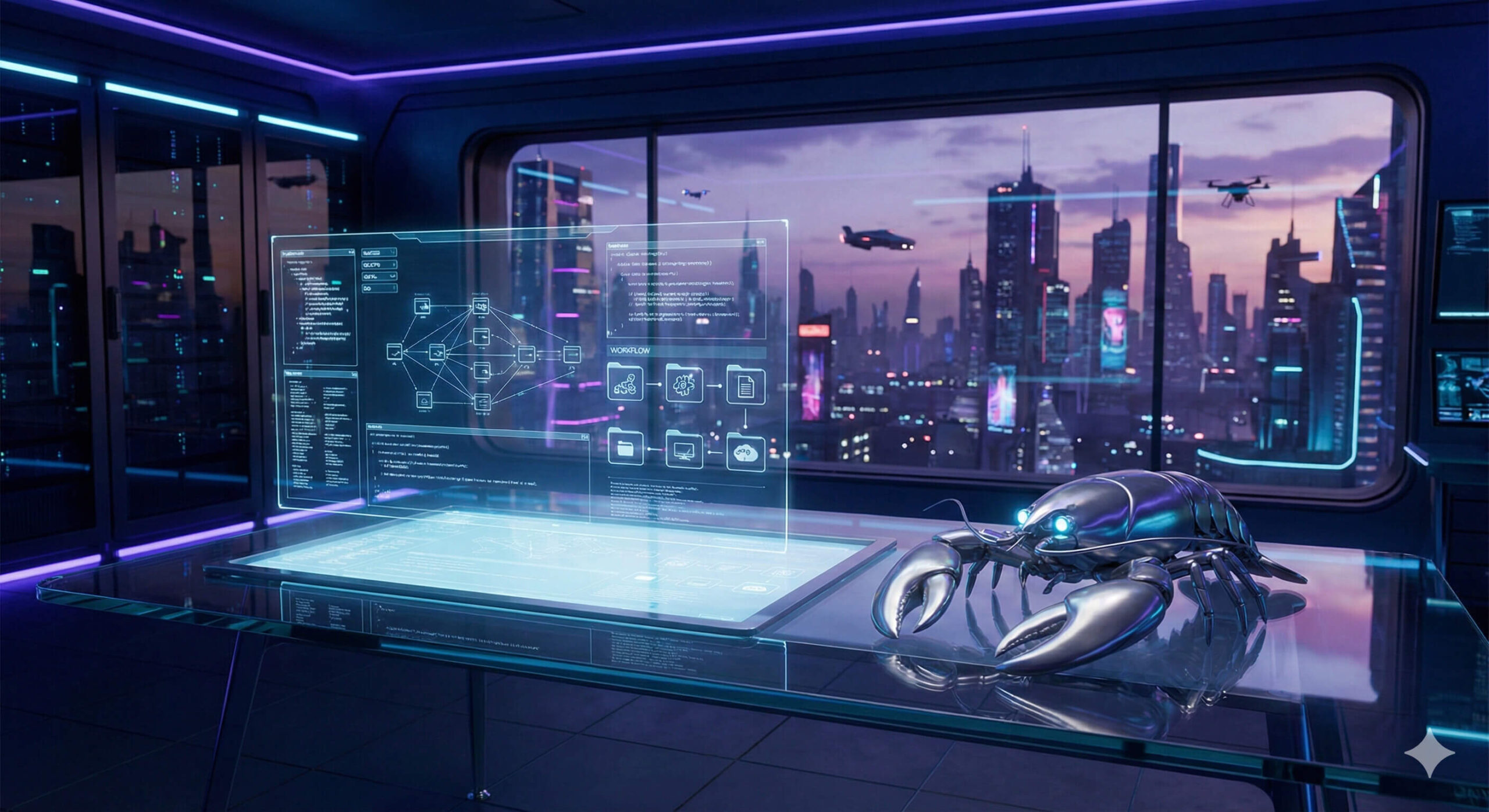 Mechaniczny homar asystent na biurku w futurystycznym centrum dowodzenia Moltbot.