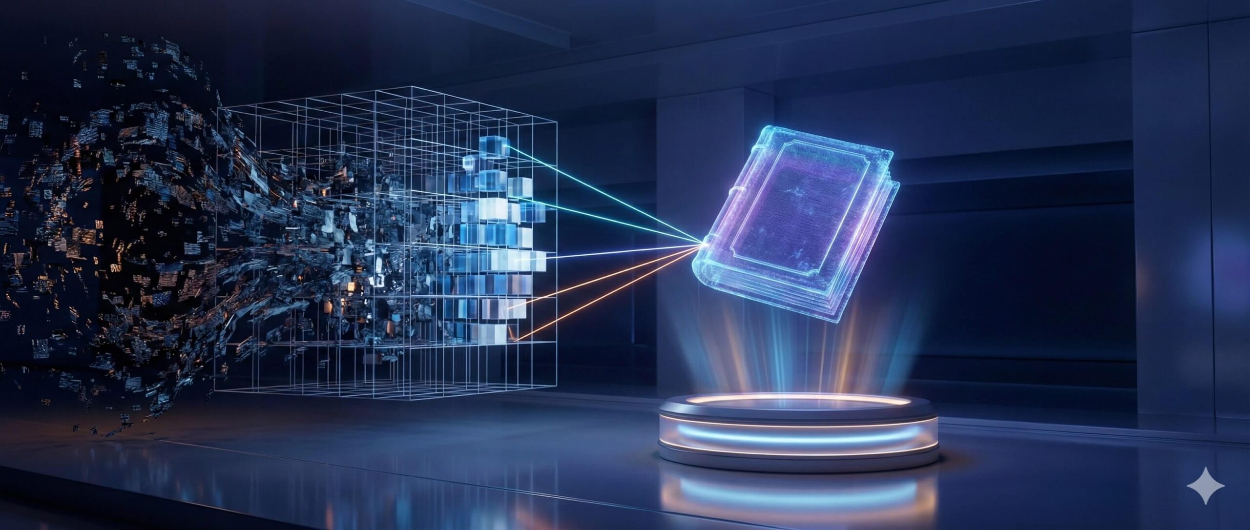 Wizualizacja systemu NotebookLM filtrującego chaos danych w uporządkowane źródła informacji.