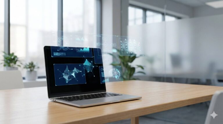 Nowoczesne stanowisko analityka z wieloma ekranami wyświetlającymi cyfrowe połączenia danych NotebookLM i strukturę RAG.