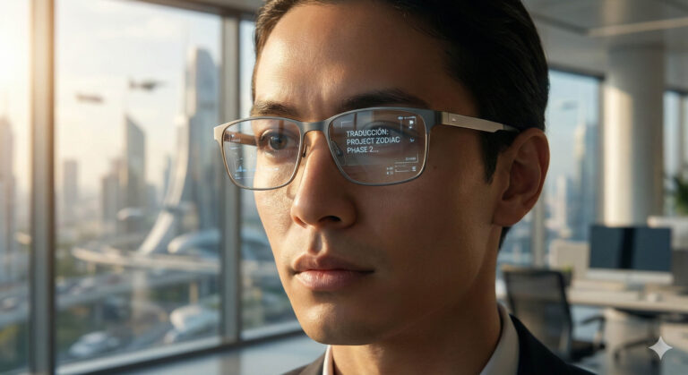 Nowoczesne okulary inteligentne z ChatGPT wyświetlające interfejs HUD na soczewkach.