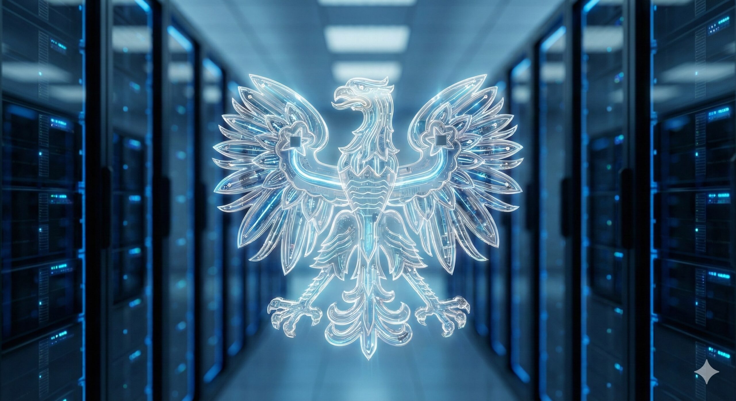 Symbol polskiego modelu językowego Bielik przedstawiony jako cyfrowy orzeł na tle serwerowni.