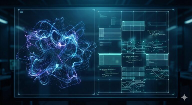 Wizualizacja różnicy między chaotyczną abstrakcją a ustrukturyzowanym kodem w inżynierii systemów AI.