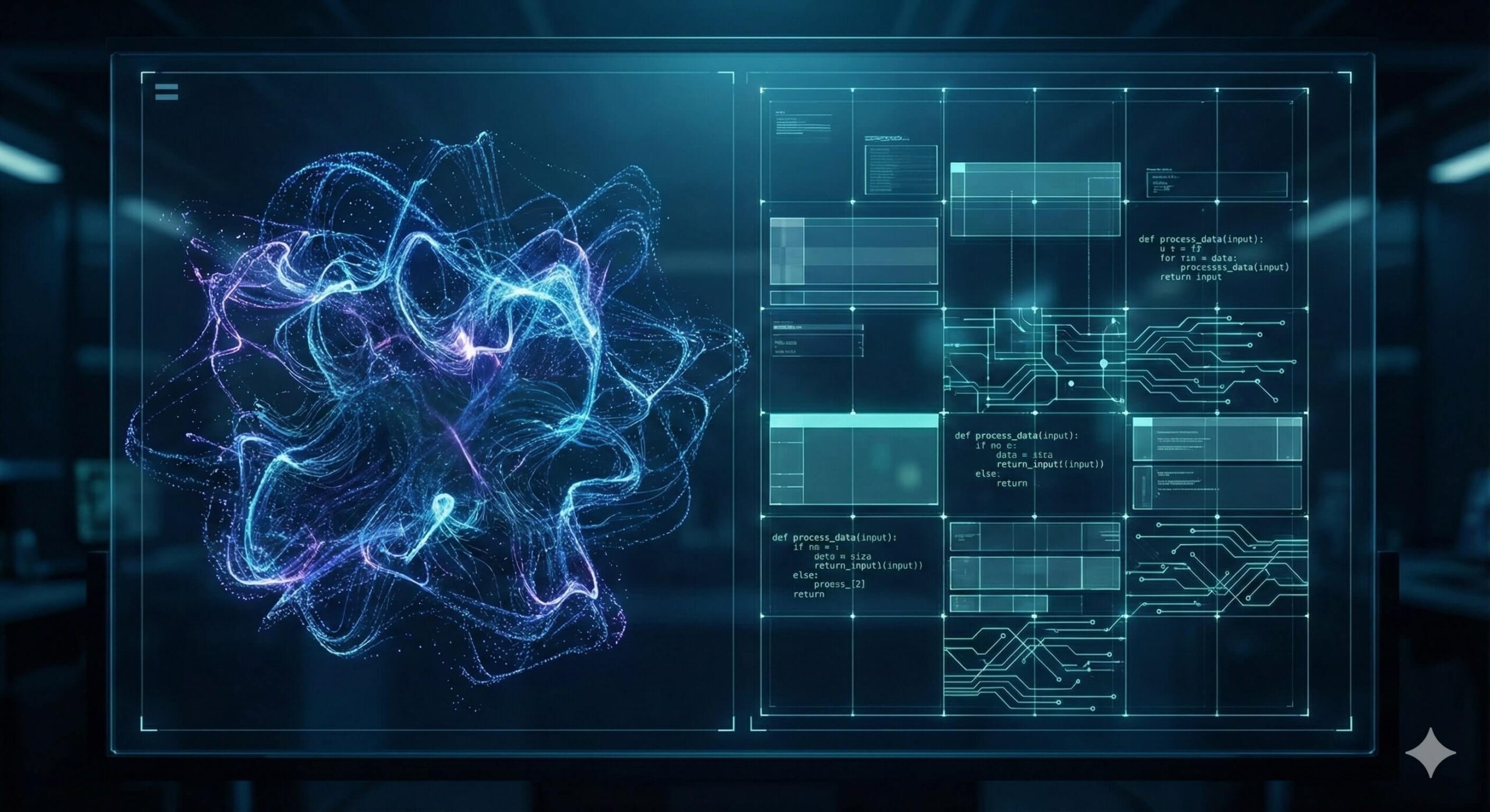 Wizualizacja różnicy między chaotyczną abstrakcją a ustrukturyzowanym kodem w inżynierii systemów AI.