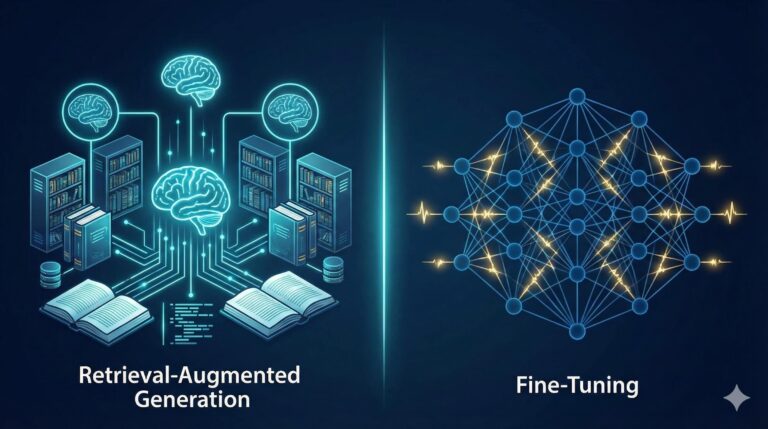 Schematyczne porównanie architektury RAG oraz procesu dostrajania modelu językowego w środowisku biznesowym.
