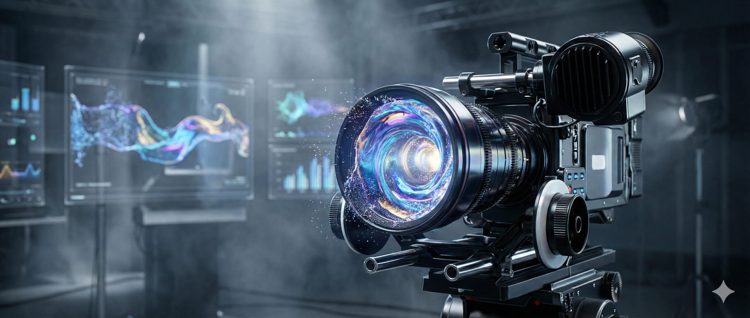 Profesjonalna kamera filmowa przyszłości generująca wideo za pomocą Runway AI, świecąca soczewka z płynnymi danymi.
