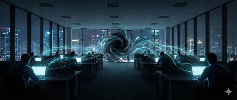 Cyfrowe cienie i strumienie danych wyciekające z laptopów w biurze, symbolizujące zagrożenie Shadow AI