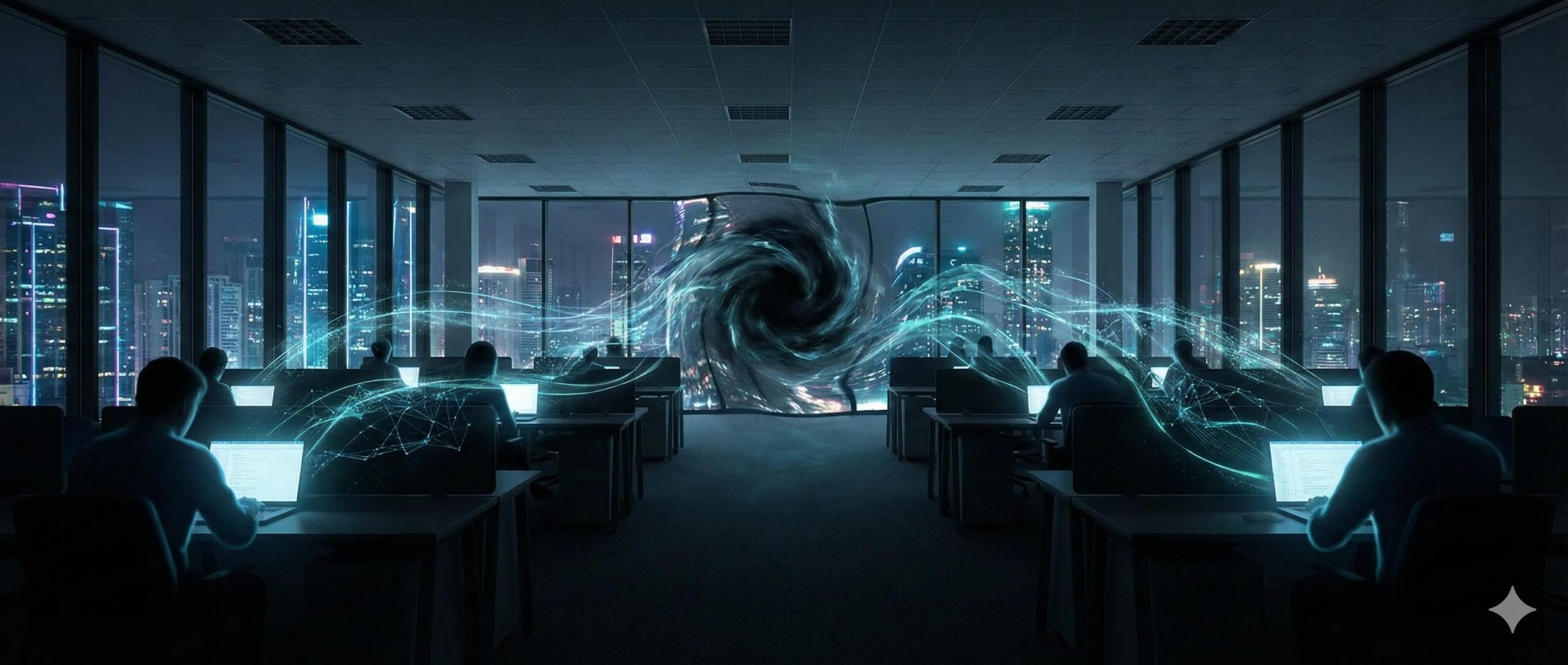 Cyfrowe cienie i strumienie danych wyciekające z laptopów w biurze, symbolizujące zagrożenie Shadow AI