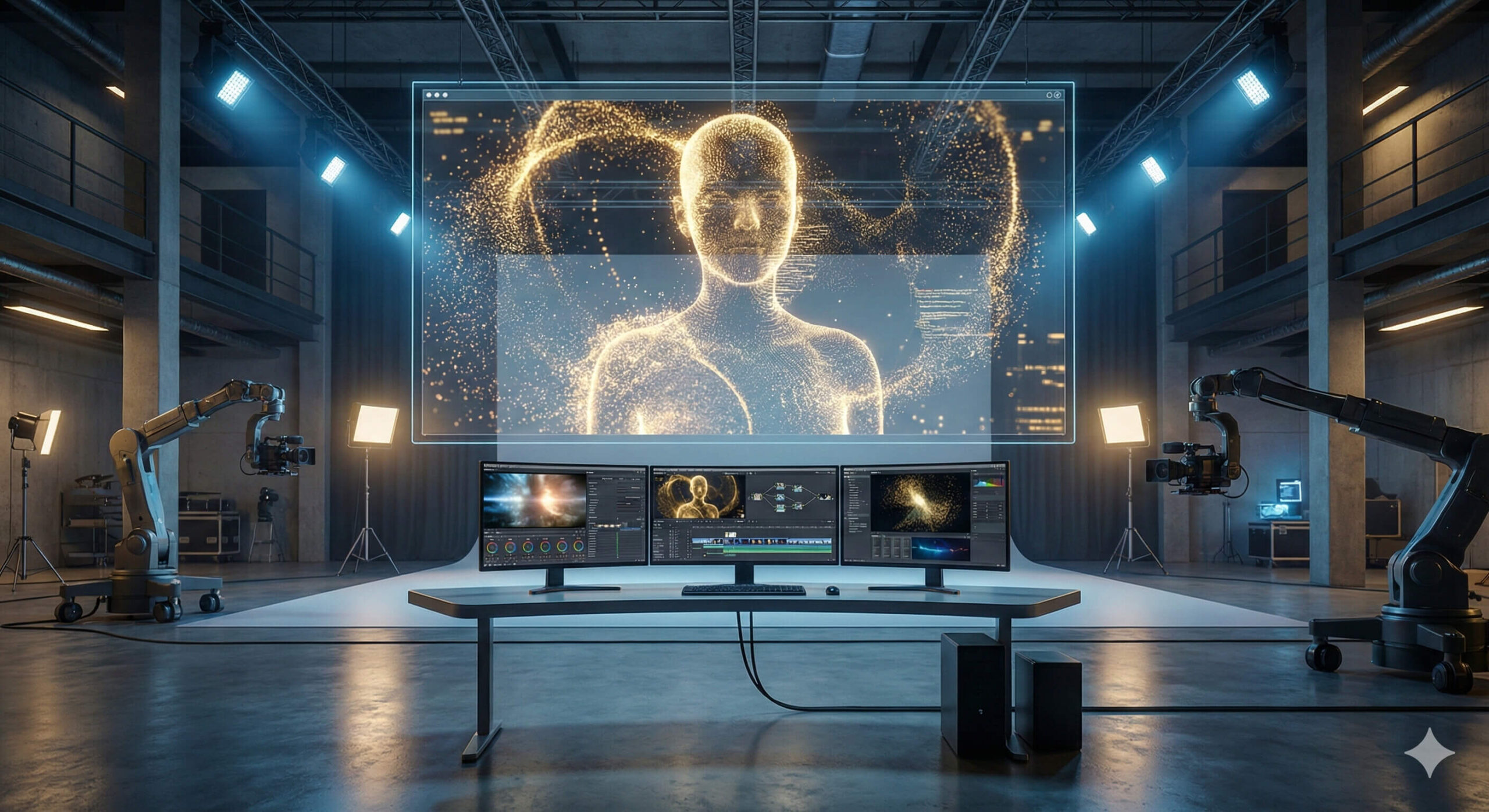 Nowoczesne studio filmowe AI z 2026 roku wykorzystujące model Sora AI do generowania realistycznych postaci.