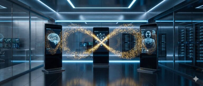 Wizualizacja strategii pętli w ekosystemie AI przedstawiająca zamknięty obieg danych między terminalami cyfrowymi