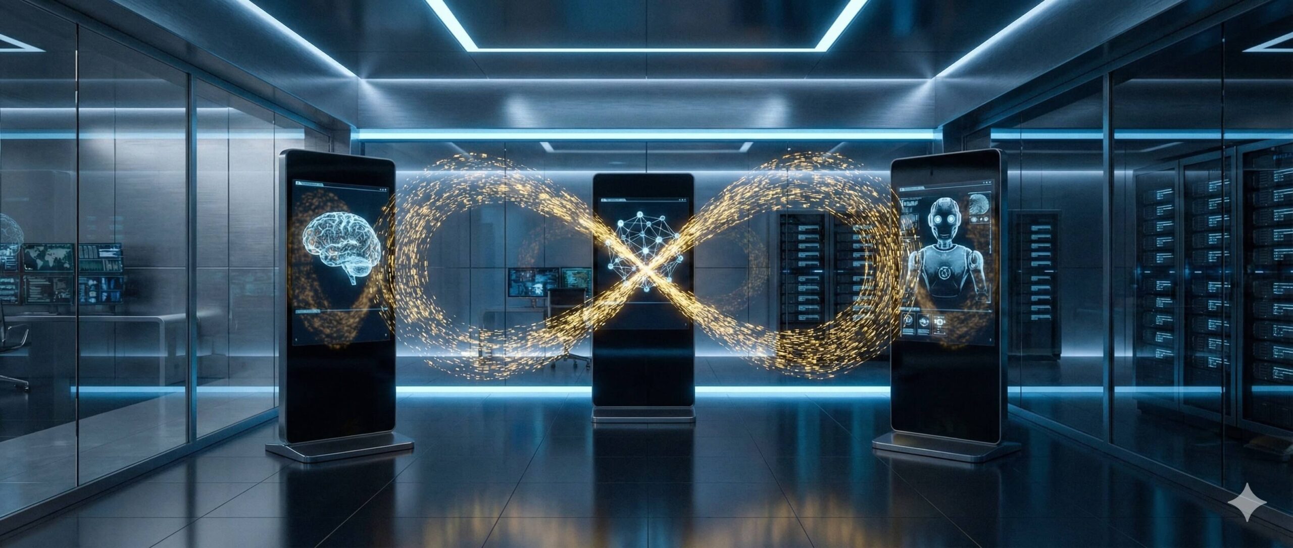 Wizualizacja strategii pętli w ekosystemie AI przedstawiająca zamknięty obieg danych między terminalami cyfrowymi