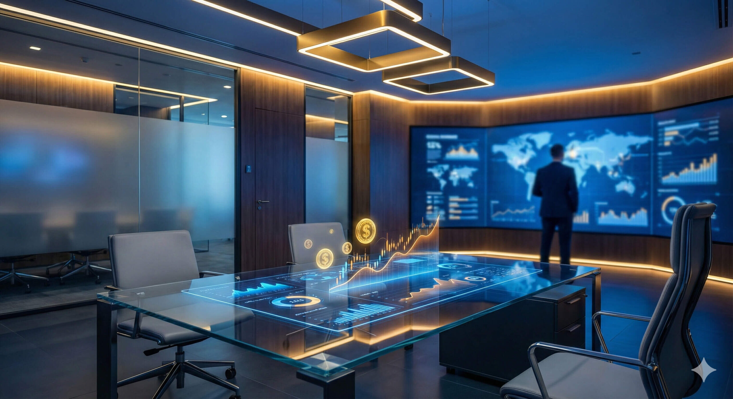 Nowoczesne biuro finansowe z holograficznymi wykresami i danymi cyfrowymi symbolizującymi AI w księgowości
