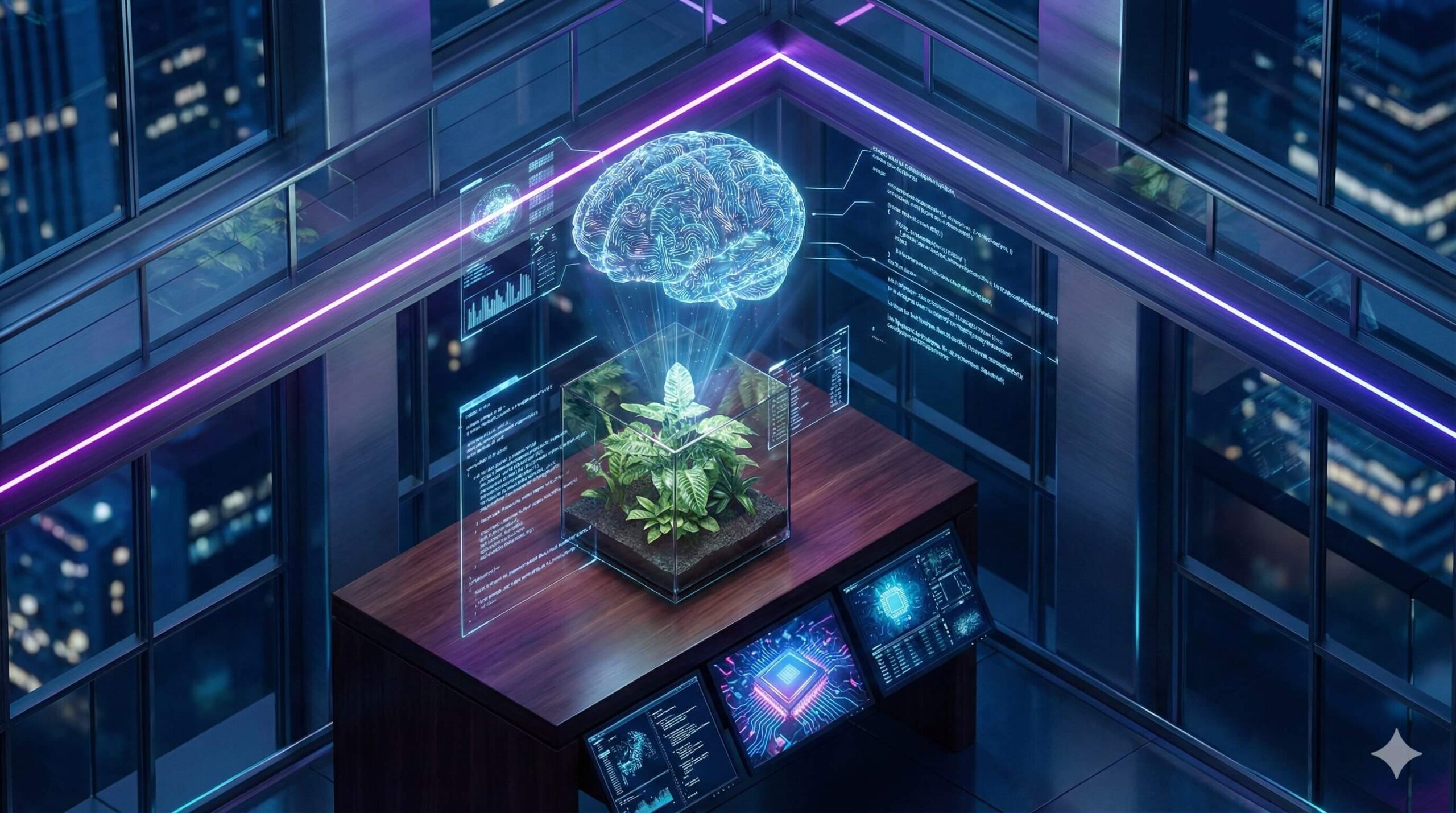 Holograficzny interfejs sztucznej inteligencji analizujący dane i kod w nowoczesnym otoczeniu, symbolizujący ukryte funkcje ChatGPT w 2026 roku.