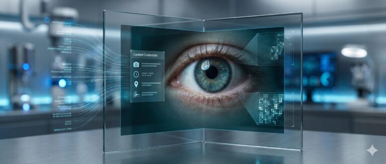 Cyfrowa analiza autentyczności obrazu z widocznymi warstwami metadanych i hologramami weryfikacyjnymi.