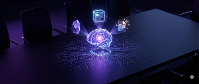 Wizualizacja zewnętrznego mózgu AI jako zintegrowanego systemu danych z NotebookLM, Obsidian i Notion.