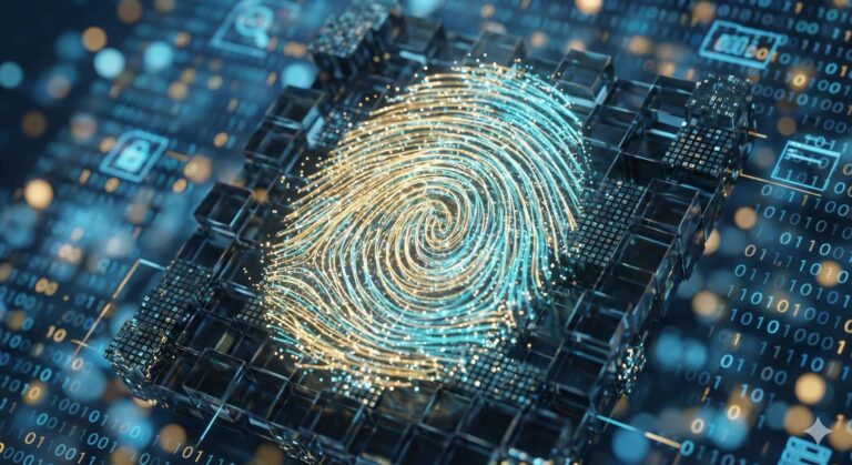 Cyfrowy odcisk palca wpleciony w strukturę pikseli obrazu, symbolizujący znaki wodne AI i autentyczność treści.